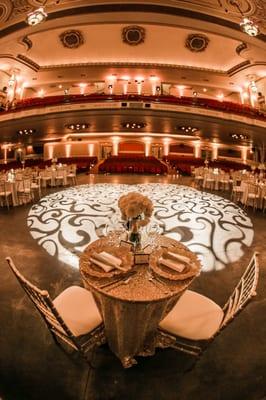 Transforming the Orpheum Theater (Madison, WI) with gobos and uplighting for a New Year's Eve wedding