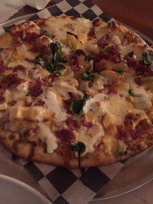 Chicken Bacon Ranch Pizza with Gouda, mozzarella, spinach and artichokes (Special) and amazing!!