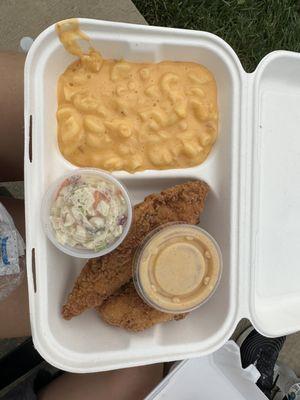 Create your own basket meal with tenders, Mac n' cheese, slaw and orange mustard sauce