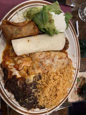 Combo Enchilada, Chimichanga and Burrito with Black Beans and Rice