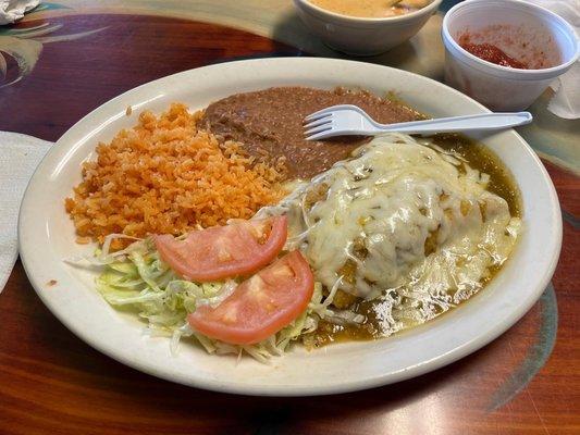 Chicken Enchiladas, Rice and Beans.