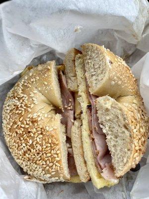 Egg and Ham on Sesame Bagel (no cheese for me)