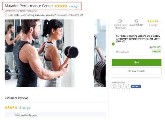 The Groupon offer is for the gym Matador Performance Center, not Francesca Fitness