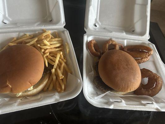 Burger with fries and other with onion rings