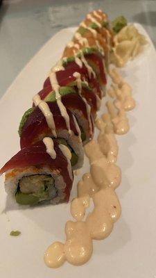 Red and Orange Dragon roll- special request gives both tuna and salmon atop a shrimp tempura roll. Delicious