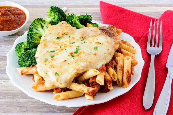 Chicken Parmesan with Penne Marinara and Broccoli