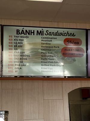 Banh mi sandwiches menu