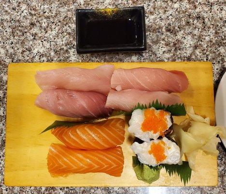 Hamashi/Yellowtail, Salmon & Creamy Scallop Nigiri