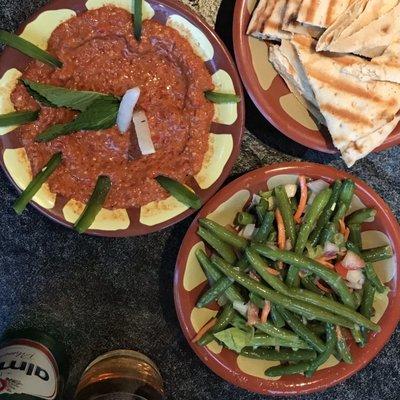 Spicy Mohamara (Roasted Red Peppers, Peanuts and Walnuts) and Loubieh (Lebanese Marinated Green Beans)