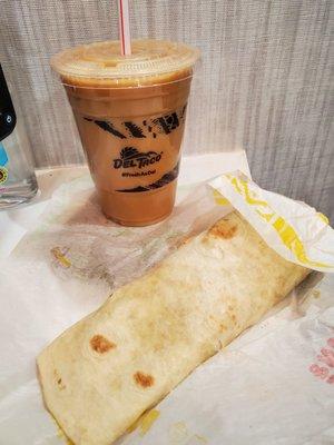 Regular iced coffee with bean and cheese burrito