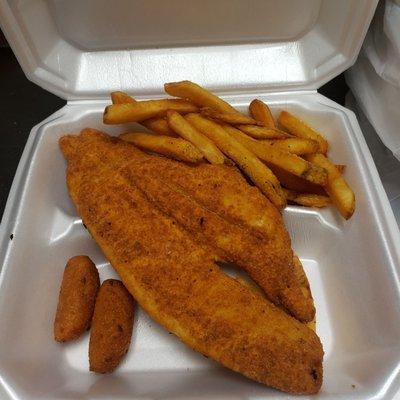 Fresh Fried Flounder with French fries and hushpuppies