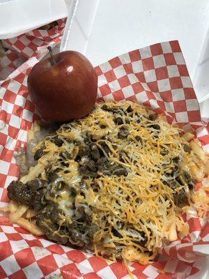 Half order of carne asada fries. It's a big order! (Apple for size reference)