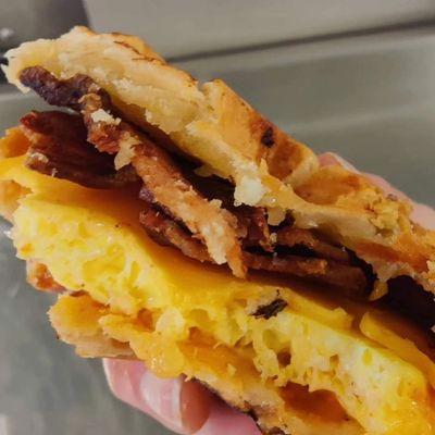 Bacon egg and cheese waffle sammie