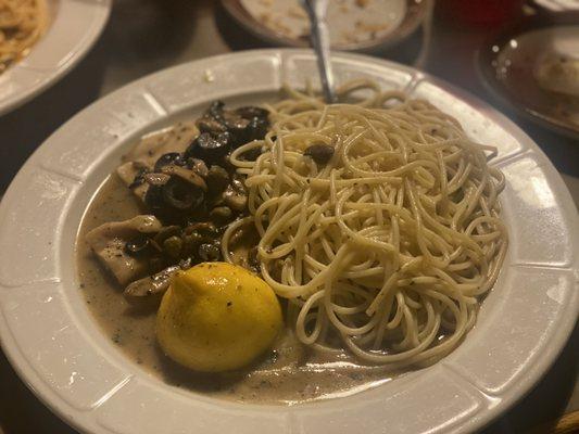 Chicken Picatta with black olives and mushrooms