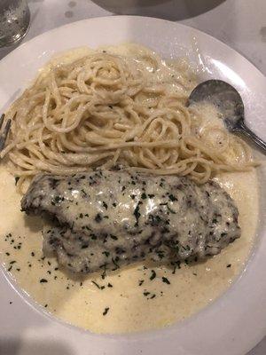 Chicken Cordon Bleu with Alfredo sauce, Spaghetti & Butter Sauce side