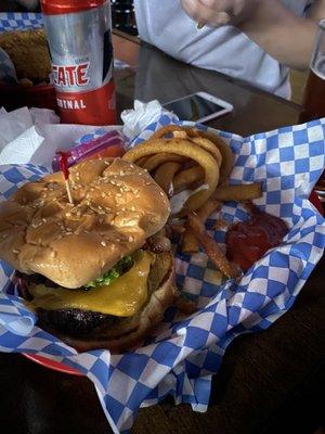 Burger and onion rings