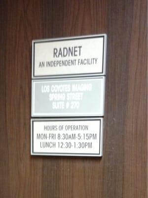 Radnet Imaging Center hours of operation 8:30am-5:15pm lunch 12:30-1:30pm