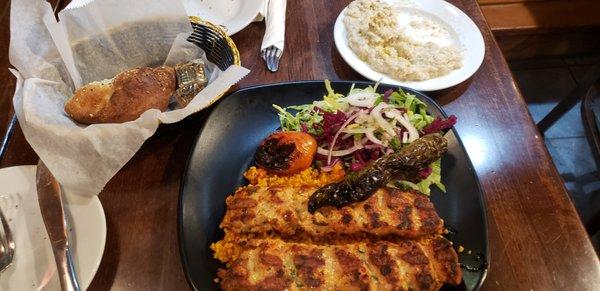 delightful chicken adana kebab with sode of Babaganoush