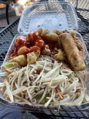 Towering pile of cheap vegetables on top of stale "noodles"