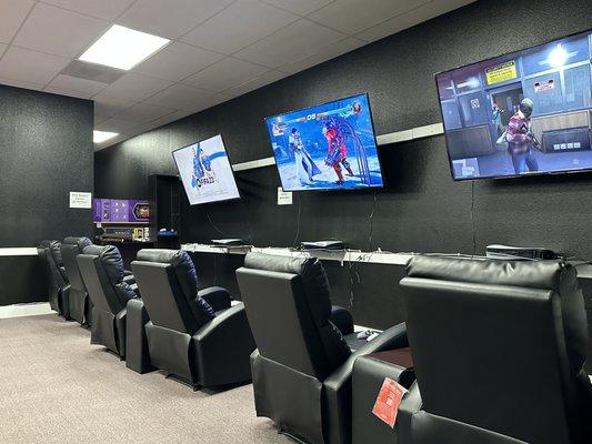 Gamer section, playing PS5 in a 70-inch TV, we have all the games, each TV with 2 chairs just for 9 dollars per hour