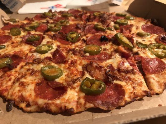 Medium Thin Crust Pizza with pepperoni, bacon, & jalapeños