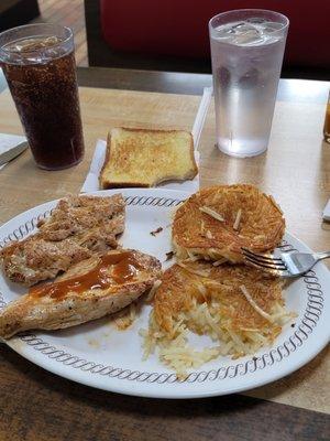 one of my favorites the meat lovers grilled chicken, dinner hash browns in the ring, Texas toast diet Coke.