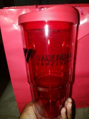 Vacendak branded tumbler inside of my gift bag