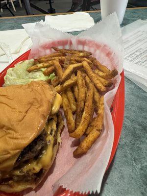 Cheeseburger with fries.