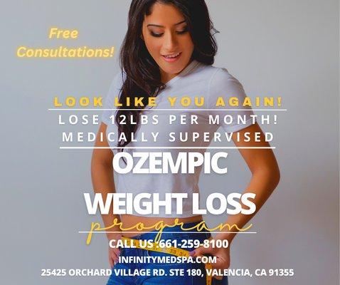 Now offering Ozempic medically supervised weight loss.  Want to lose 12lbs per month?  We offer free consultations.  Call 661-259-8100