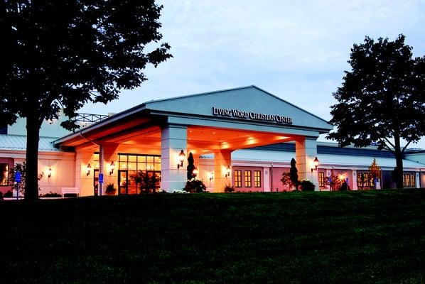 The main entrance of Living Word Christian Center from the north parking lot.