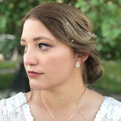 Simple and elegant bridal makeup, pictured at the END of the day after hours of traveling, crying, and hugging