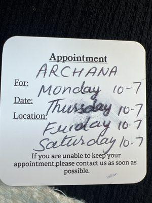 Archana's time schedule