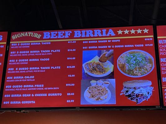 Beef birria menu