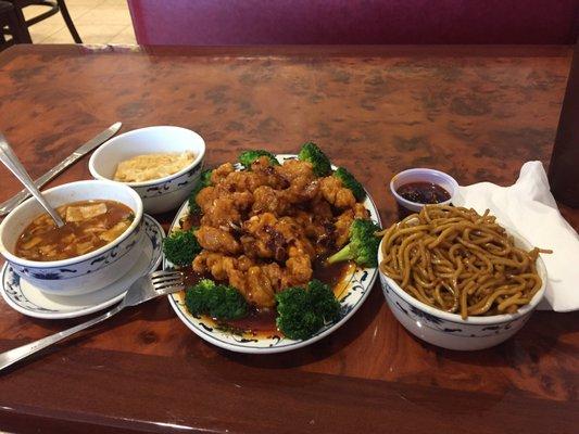 Hot and sour soup, orange chicken with broccoli and side of lo mein