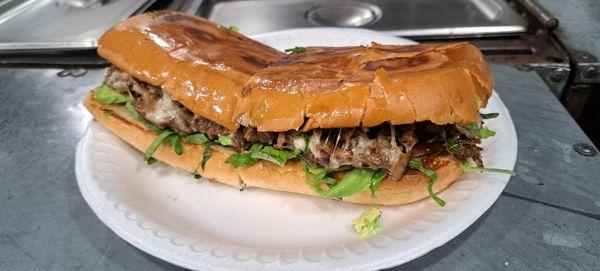 Torta de carne asada. Mayo, lettuce, tomatoes, cheese and Avocado.