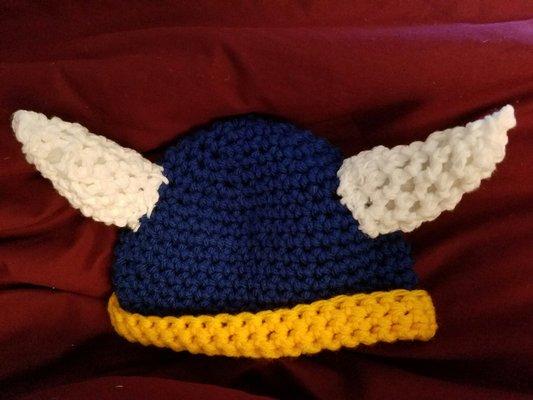 The Viking baby knit hat that Pia knitted for me. I asked her for Swedish colors. What a great Scandinavian gift!