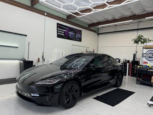 Brand new Model 3 Highlander tinted with our ceramic film in 1 piece for that clean look all around.