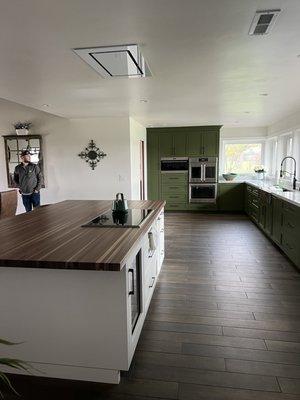 Custom Butcher Block Island Countertop, Open Floorplan Tile Flooring