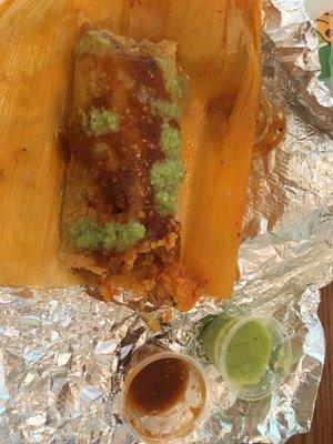 Pork tamale (added red and green salsa)