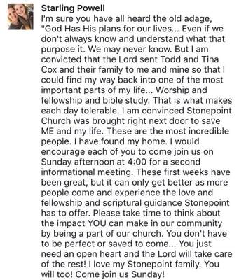 Here's what our new friend Starling had to say about StonePoint Church. Come check us out!!