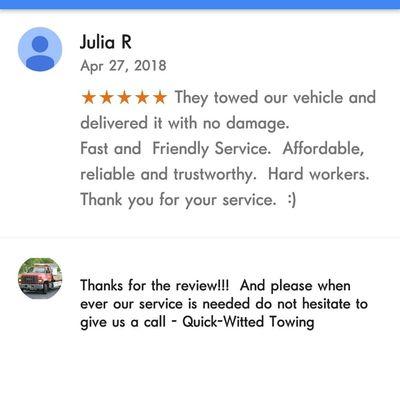 We look out for our costumers. Call Quick-Witted Towing. 
352 233 1147