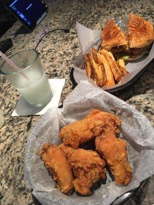 Turkey Burger with homemade fries and Wings on the side, frozen margarita