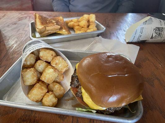 Cheeseburger, grilled cheese and tater tots