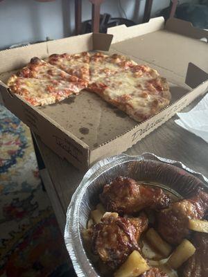 Cheese pizza and teriyaki pineapple wings