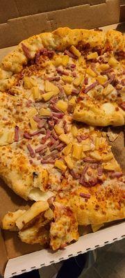 Hawaiian pizza ham bad discolored fuzz and black thing inside the dough.