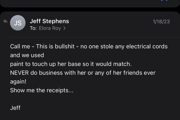 How Jeff responds to the problem. Remember the black paint his workers used to paint my baseboard with was not even the correct paint