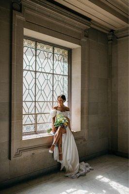 Mom's reconstructed dress on my wedding day (mini dress with attached train)