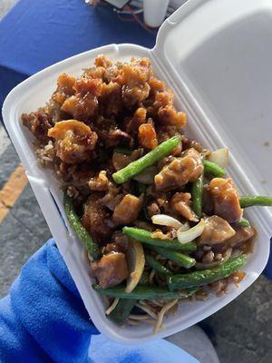 Half orange chicken / green bean chicken. Half lo mein / fried rice