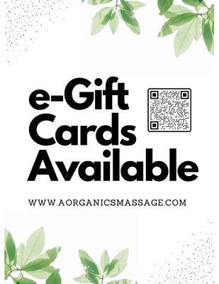 Get your e gift cards at www.AOrganicsmassage.com