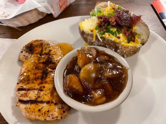 My dinner: Chipotle Maple Chicken, minus the seasoned rice, with a baked potato and cinnamon apples